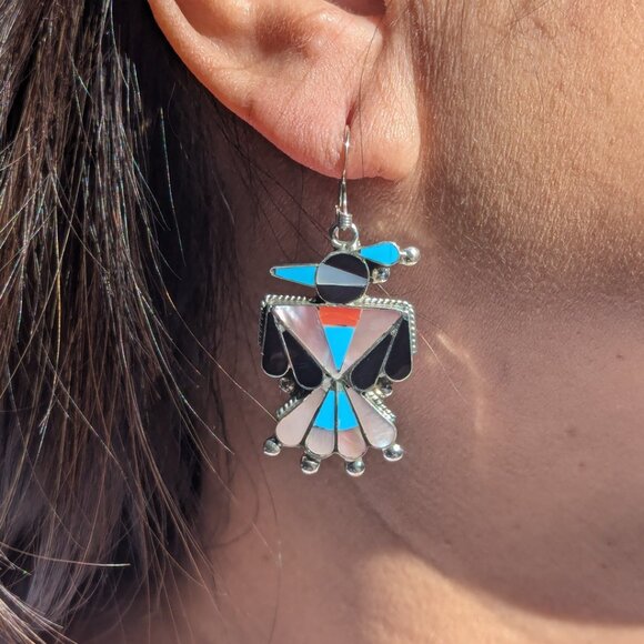 Genuine Native American Earrings Zuni Handmade Jewelry Thunderbird Design ***‎ - Picture 1 of 12